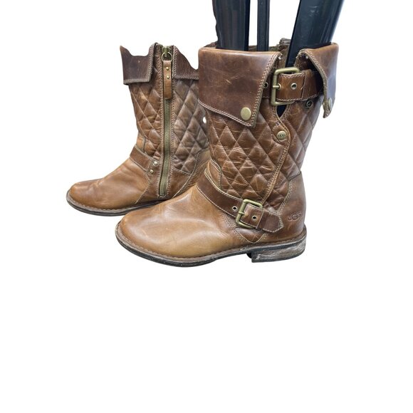 UGG Womans Brown Leather Moto Quilted Mid Calf Boots Sz 7.5 SKU 9475 - Picture 3 of 16